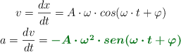 \left v = \dfrac{dx}{dt} = A\cdot \omega\cdot cos(\omega\cdot t + \varphi) \atop a = \dfrac{dv}{dt} = \color[RGB]{2,112,20}{\bm{-A\cdot \omega^2\cdot sen(\omega\cdot t + \varphi)}}
