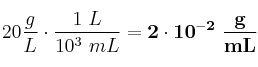 20\frac{g}{L}\cdot \frac{1\ L}{10^3\ mL} = \bf 2\cdot 10^{-2}\ \frac{g}{mL}