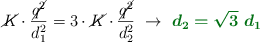 \cancel{K}\cdot \frac{\cancel{q^2}}{d_1^2} = 3\cdot \cancel{K}\cdot \frac{\cancel{q^2}}{d_2^2}\ \to\ \color[RGB]{2,112,20}{\bm{d_2 = \sqrt 3\ d_1}}