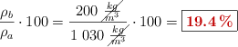 \frac{\rho_b}{\rho_a}\cdot 100 = \frac{200\ \cancel{\frac{kg}{m^3}}}{1\ 030\ \cancel{\frac{kg}{m^3}}}\cdot 100 = \fbox{\color[RGB]{192,0,0}{\bf 19.4\%}}