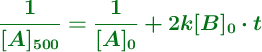 \color[RGB]{2,112,20}{\bm{\frac{1}{[A]_{500}} = \frac{1}{[A]_0} + 2k [B]_0\cdot t}}