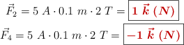 \left \vec{F}_2 = 5\ A\cdot 0.1\ m\cdot 2\ T = {\fbox{\color[RGB]{192,0,0}{\bm{1\ \vec{k}\ (N)}}}} \atop \vec{F}_4 = 5\ A\cdot 0.1\ m\cdot 2\ T = {\fbox{\color[RGB]{192,0,0}{\bm{-1\ \vec{k}\ (N)}}}} \right