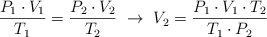 \frac{P_1\cdot V_1}{T_1} = \frac{P_2\cdot V_2}{T_2}\ \to\ V_2  = \frac{P_1\cdot V_1\cdot T_2}{T_1\cdot P_2}