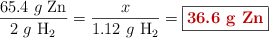 \frac{65.4\ g\ \ce{Zn}}{2\ g\ \ce{H2}} = \frac{x}{1.12\ g\ \ce{H2}} = \fbox{\color[RGB]{192,0,0}{\bf 36.6\ g\ \ce{Zn}}}