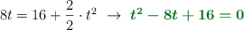 8t = 16 + \frac{2}{2}\cdot t^2\ \to\ \color[RGB]{2,112,20}{\bm{t^2 - 8t + 16 = 0}}