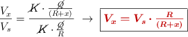 \frac{V_x}{V_s} = \frac{\cancel{K}\cdot \frac{\cancel{Q}}{(R+x)}}{\cancel{K}\cdot \frac{\cancel{Q}}{R}}\ \to\ \fbox{\color[RGB]{192,0,0}{\bm{V_x = V_s\cdot \frac{R}{(R + x)}}}}