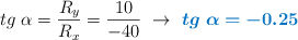 tg\ \alpha = \frac{R_y}{R_x} = \frac{10}{-40}\ \to\ \color[RGB]{2,112,192}{\bm{tg\ \alpha = -0.25}}