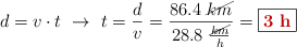 d = v\cdot t\ \to\ t = \frac{d}{v} = \frac{86.4\ \cancel{km}}{28.8\ \frac{\cancel{km}}{h}} = \fbox{\color[RGB]{192,0,0}{\bf 3\ h}}