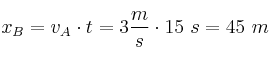 x_B = v_A\cdot t = 3\frac{m}{s}\cdot 15\ s = 45\ m