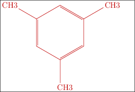 \fbox{\color[RGB]{192,0,0}{\bf \chemfig{*6(-(-CH3)=-(-CH3)=-(-CH3)=)} \quad}}