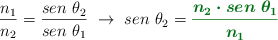 \frac{n_1}{n_2} = \frac{sen\ \theta_2}{sen\ \theta_1}\ \to\ sen\ \theta_2 = \color[RGB]{2,112,20}{\bm{\frac{n_2\cdot sen\ \theta_1}{n_1}}}