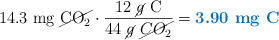 14.3\ \text{mg}\ \cancel{\ce{CO_2}}\cdot \frac{12\ \ce{\cancel{g}\ C}}{44\ \ce{\cancel{g}\ \cancel{CO_2}}} = \color[RGB]{0,112,192}{\textbf{3.90\ \ce{mg\ C}}