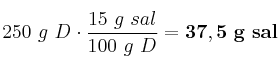 250\ g\ D\cdot \frac{15\ g\ sal}{100\ g\ D} = \bf 37,5\ g\ sal