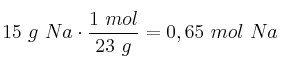 15\ g\ Na\cdot \frac{1\ mol}{23\ g} = 0,65\ mol\ Na