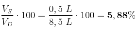 \frac{V_S}{V_D}\cdot 100 = \frac{0,5\ L}{8,5\ L}\cdot 100 = \bf 5,88\%