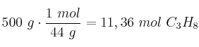 500\ g\cdot \frac{1\ mol}{44\ g} = 11,36\ mol\ C_3H_8