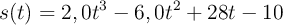 s(t) = 2,0t^3 - 6,0t^2 + 28t - 10