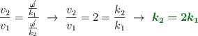 \frac{v_2}{v_1} = \frac{\frac{\cancel{\omega}}{k_1}}{\frac{\cancel{\omega}}{k_2}}\ \to\ \frac{v_2}{v_1} = 2 = \frac{k_2}{k_1}\ \to\ \color[RGB]{2,112,20}{\bm{k_2 = 2k_1}}