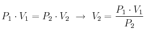 P_1\cdot V_1 = P_2\cdot V_2\ \to\ V_2 = \frac{P_1\cdot V_1}{P_2}