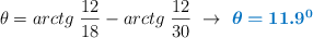 \theta = arctg\ \frac{12}{18} - arctg\ \frac{12}{30}\ \to\ \color[RGB]{0,112,192}{\bm{\theta = 11.9^0}}