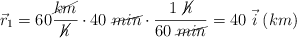 \vec r_1  = 60\frac{\cancel{km}}{\cancel{h}}\cdot 40\ \cancel{min}\cdot \frac{1\ \cancel{h}}{60\ \cancel{min}} = 40\ \vec i\ (km)