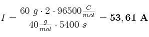 I = \frac{60\ g\cdot 2\cdot 96500\frac{C}{mol}}{40\frac{g}{mol}\cdot 5400\ s} = \bf 53,61\ A