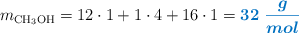 m_{\ce{CH3OH}} = 12\cdot 1+1\cdot 4+16\cdot 1 = \color[RGB]{0,112,192}{\bm{32\ \frac{g}{mol}}