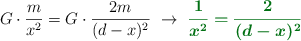G\cdot \frac{m}{x^2} = G\cdot \frac{2m}{(d - x)^2}\ \to\ \color[RGB]{2,112,20}{\bm{\frac{1}{x^2} = \frac{2}{(d - x)^2}}}