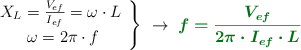 \left X_L = \frac{V_{ef}}{I_{ef}} = \omega\cdot L\ \atop \omega = 2\pi\cdot f \right \}\ \to\ \color[RGB]{2,112,20}{\bm{f = \frac{V_{ef}}{2\pi\cdot I_{ef}\cdot L}}}
