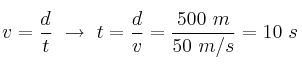 v = \frac{d}{t}\ \to\ t = \frac{d}{v} = \frac{500\ m}{50\ m/s} = 10\ s