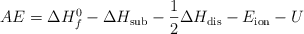 AE = \Delta H_f^0 - \Delta H_{\text{sub}} - \frac{1}{2}\Delta H_{\text{dis}} - E_{\text{ion}} - U