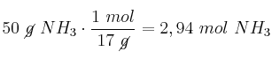 50\ \cancel{g}\ NH_3\cdot \frac{1\ mol}{17\ \cancel{g}} = 2,94\ mol\ NH_3