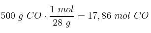 500\ g\ CO\cdot \frac{1\ mol}{28\ g} = 17,86\ mol\ CO