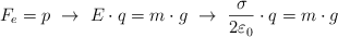 F_e = p\ \to\ E\cdot q = m\cdot g\ \to\ \frac{\sigma}{2\varepsilon_0}\cdot q = m\cdot g