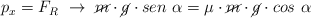 p_x = F_R\ \to\ \cancel{m}\cdot \cancel{g}\cdot sen\ \alpha = \mu\cdot \cancel{m}\cdot \cancel{g}\cdot cos\ \alpha