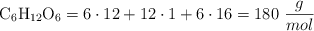 \ce{C6H12O6} = 6\cdot 12 + 12\cdot 1 + 6\cdot 16 = 180\ \frac{g}{mol}