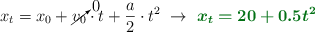 x_t = x_0 + \cancelto{0}{v_0}\cdot t + \frac{a}{2}\cdot t^2\ \to\ \color[RGB]{2,112,20}{\bm{x_t = 20 + 0.5t^2}}