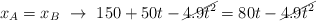 x_A = x_B\ \to\ 150 + 50t -\cancel{4.9t^2}  = 80t - \cancel{4.9t^2}