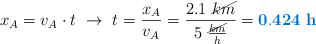 x_A = v_A\cdot t\ \to\ t = \frac{x_A}{v_A} = \frac{2.1\ \cancel{km}}{5\ \frac{\cancel{km}}{h}} = \color[RGB]{0,112,192}{\bf 0.424\ h}