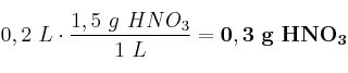 0,2\ L\cdot \frac{1,5\ g\ HNO_3}{1\ L} = \bf 0,3\ g\ HNO_3