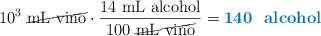 10^3\ \text{\cancel{mL\ vino}}\cdot \frac{14\ \text{mL\ alcohol}}{100\ \text{\cancel{mL\ vino}}} = \color[RGB]{0,112,192}{\textbf{140\ \mL\ alcohol}}