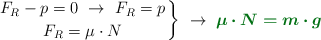 \left F_R - p = 0\ \to\ F_R = p \atop F_R = \mu\cdot N \right \}\ \to\ \color[RGB]{2,112,20}{\bm{\mu\cdot N = m\cdot g}}