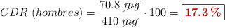 CDR\ (hombres) = \frac{70.8\ \cancel{mg}}{410\ \cancel{mg}}\cdot 100 = \fbox{\color[RGB]{192,0,0}{\bf 17.3\%}}