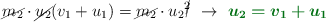 \cancel{m_2}\cdot \cancel{u_2}(v_1 + u_1) = \cancel{m_2}\cdot u_2\cancel{^2}\ \to\ \color[RGB]{2,112,20}{\bm{u_2 = v_1 + u_1}}