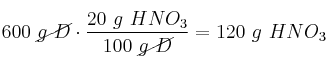 600\ \cancel{g\ D}\cdot \frac{20\ g\ HNO_3}{100\ \cancel{g\ D}} = 120\ g\ HNO_3