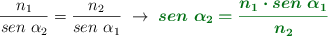 \frac{n_1}{sen\ \alpha_2} = \frac{n_2}{sen\ \alpha_1}\ \to\ \color[RGB]{2,112,20}{\bm{sen\ \alpha_2 = \frac{n_1\cdot sen\ \alpha_1}{n_2}}}