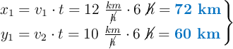 \left x_1 = v_1\cdot t = 12\ \frac{km}{\cancel{h}}\cdot 6\ \cancel{h} = {\color[RGB]{0,112,192}{\textbf{72\ km}}} \atop y_1 =v_2\cdot t = 10\ \frac{km}{\cancel{h}}\cdot 6\ \cancel{h} = {\color[RGB]{0,112,192}{\textbf{60 km}}} \right \}
