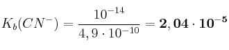 K_b(CN^-) = \frac{10^{-14}}{4,9\cdot 10^{-10}} = \bf 2,04\cdot 10^{-5}