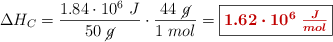\Delta H_C = \frac{1.84\cdot 10^6\ J}{50\ \cancel{g}}\cdot \frac{44\ \cancel{g}}{1\ mol} = \fbox{\color[RGB]{192,0,0}{\bm{1.62\cdot 10^6\ \frac{J}{mol}}}}