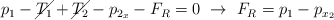 p_1 - \cancel{T_1} + \cancel{T_2} - p_{2_x} - F_R = 0\ \to\ F_R = p_1 - p_{x_2}